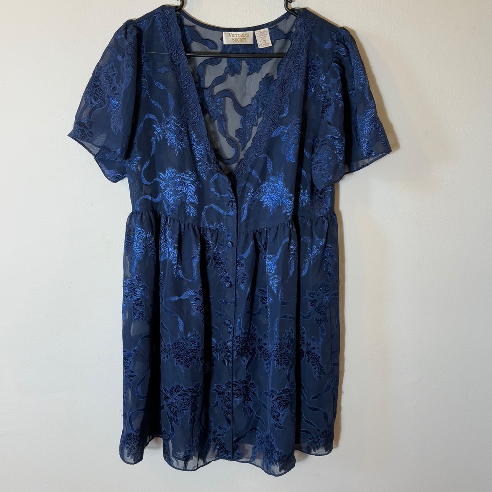 Victoria's Secret Babydoll Dress Sheer Lace Floral Navy Vintage Lingerie‎ P/S